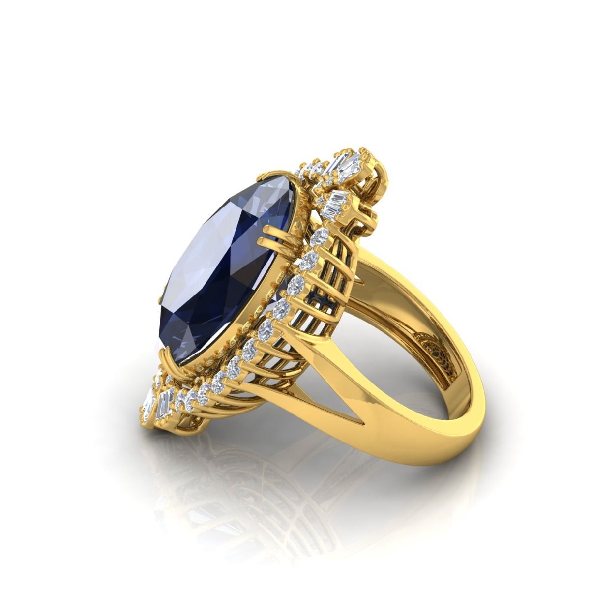 Solid 18Kt Gold Processed Blue Sapphire Baguette Diamond Cocktail Ring Jewelry