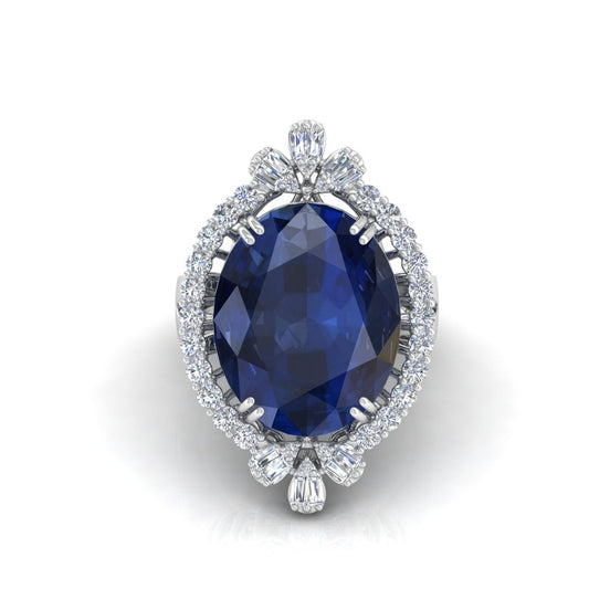 Solid 18Kt Gold Processed Blue Sapphire Baguette Diamond Cocktail Ring Jewelry