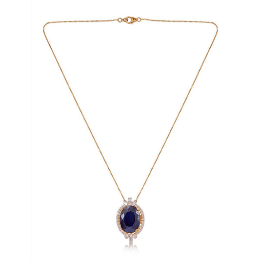 Oval Shaped Processed Blue Sapphire Solid 18 Kt Yellow Gold SI Clarity HI Color Baguette & Round Diamond Charm Pendant