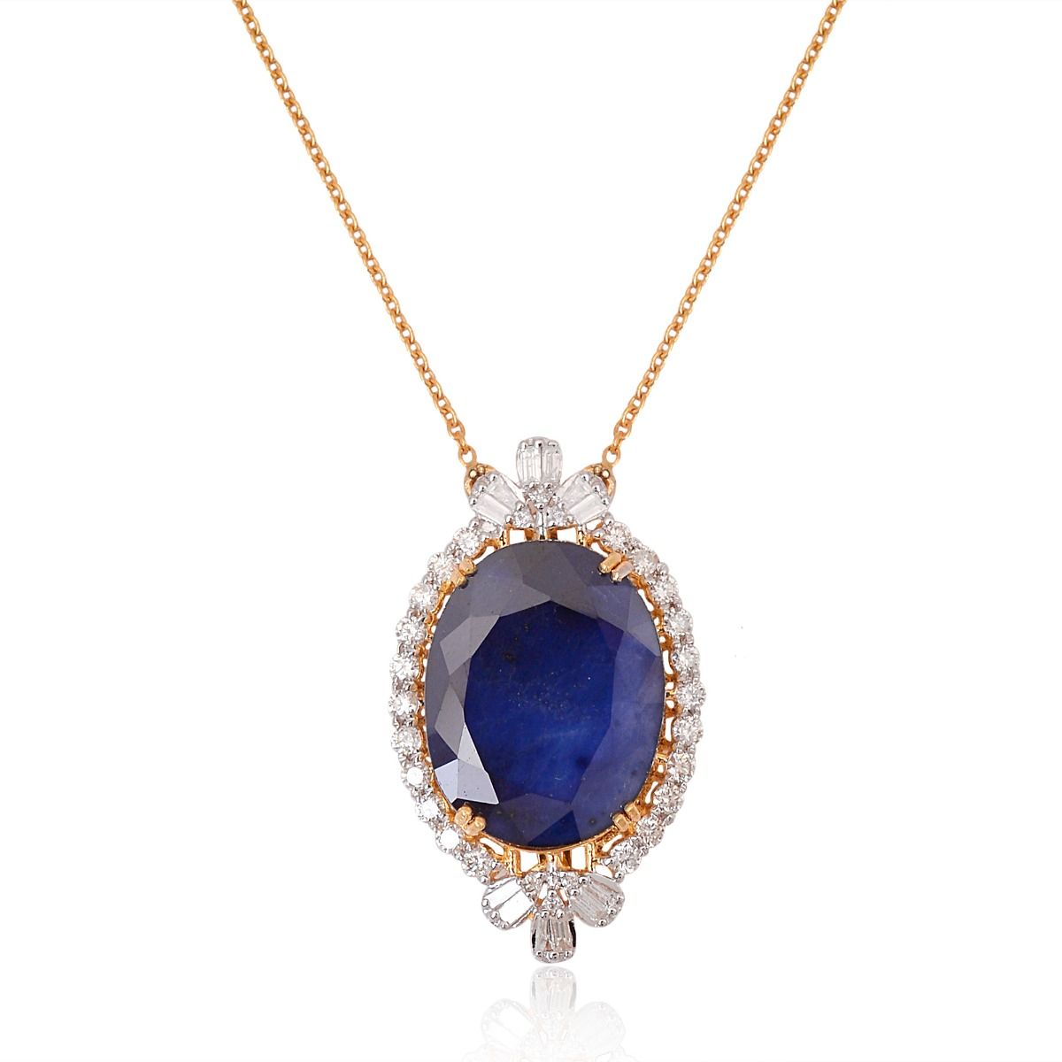 Oval Shaped Processed Blue Sapphire Solid 18 Kt Yellow Gold SI Clarity HI Color Baguette & Round Diamond Charm Pendant