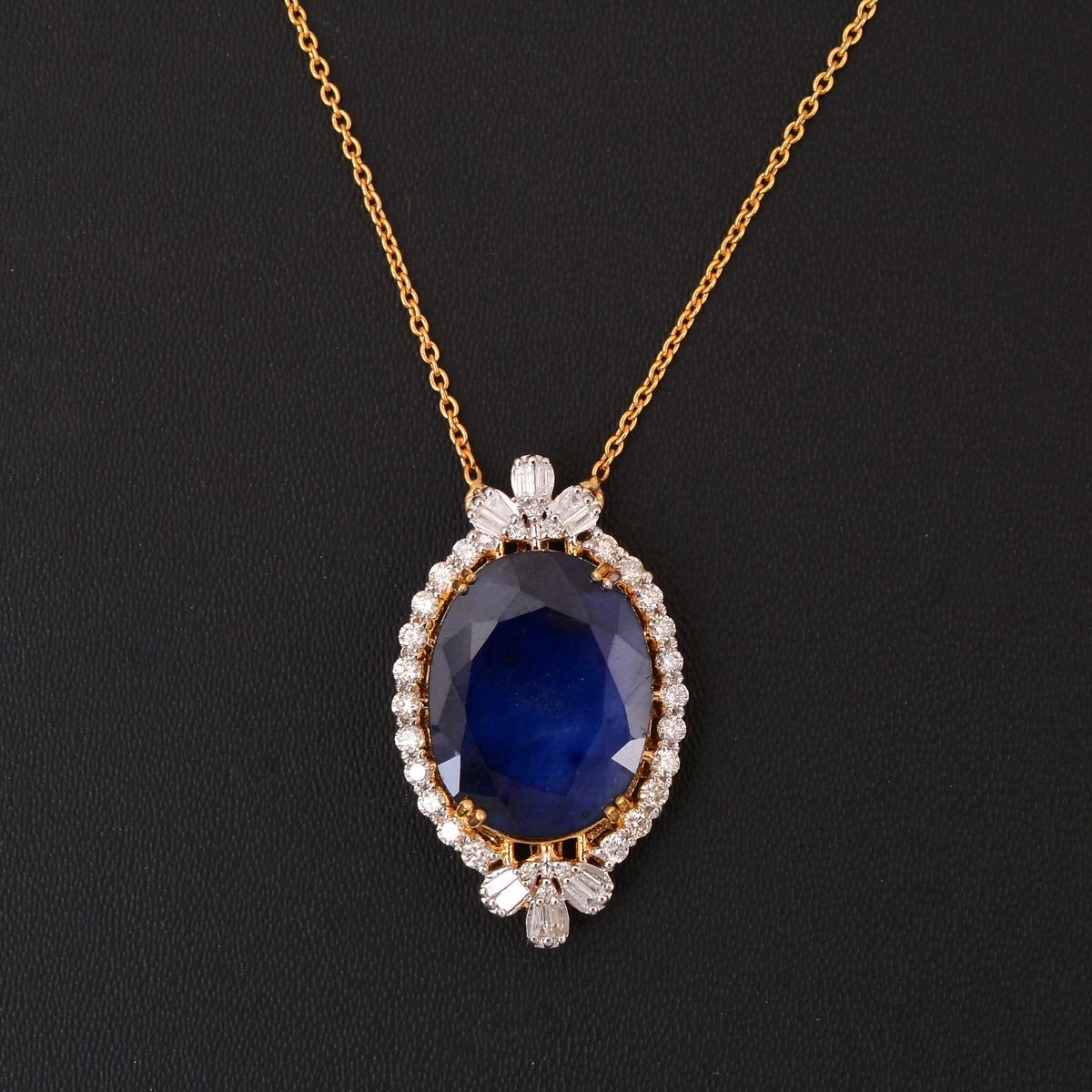 Oval Shaped Processed Blue Sapphire Solid 18 Kt Yellow Gold SI Clarity HI Color Baguette & Round Diamond Charm Pendant