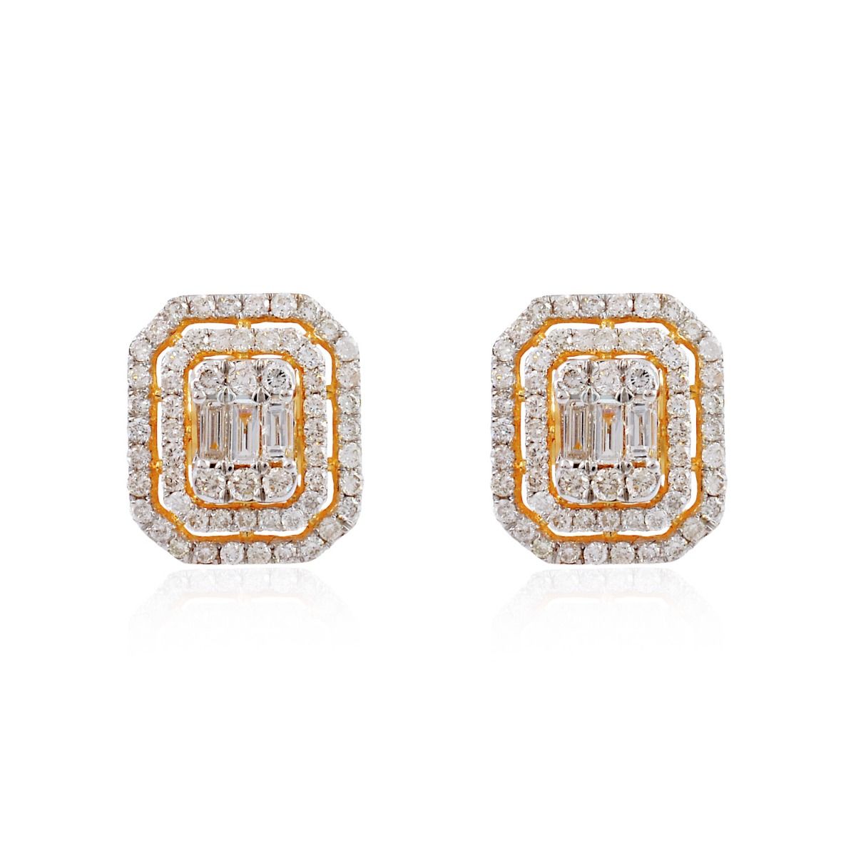 Round & Baguette Diamond 1.05 TCW Solid 18 Kt Yellow Gold Fine Stud Earrings