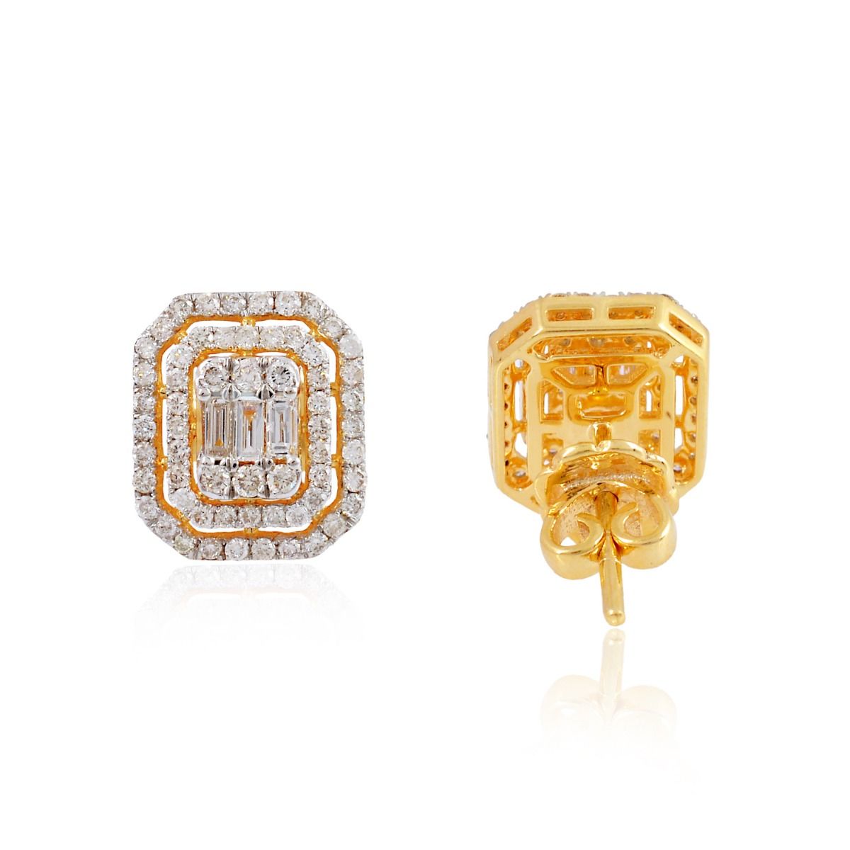 Round & Baguette Diamond 1.05 TCW Solid 18 Kt Yellow Gold Fine Stud Earrings