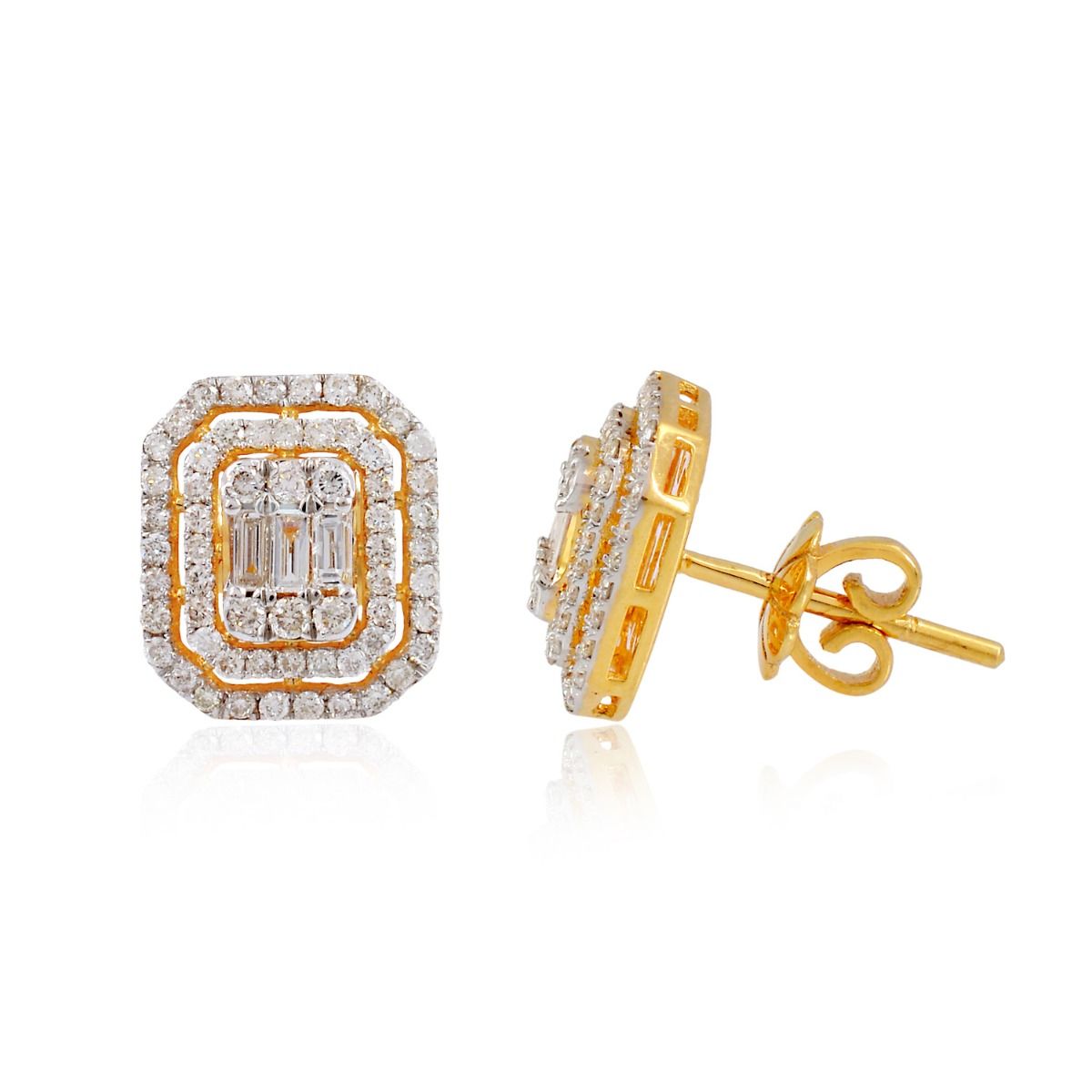 Round & Baguette Diamond 1.05 TCW Solid 18 Kt Yellow Gold Fine Stud Earrings