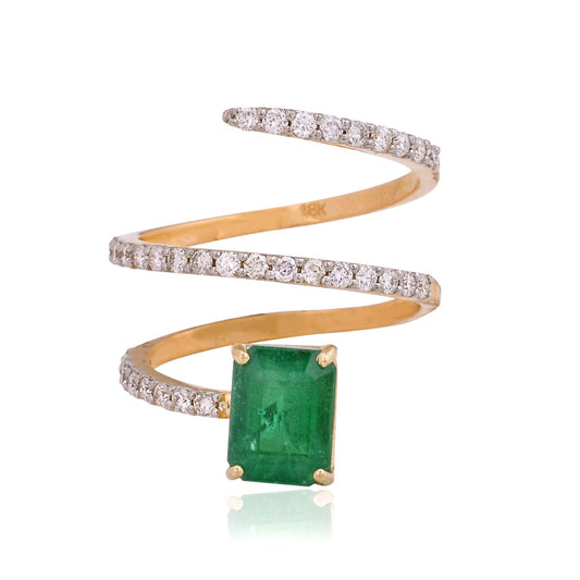 Solid 18 Kt Rose Gold SI Clarity HI Color Diamond Baguette Emerald Spiral Ring