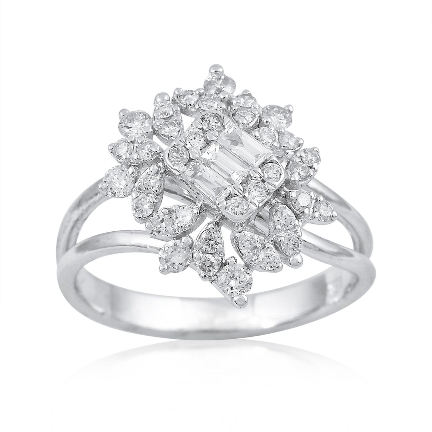 Natural 0.70 Ct Baguette Diamond Flower Ring Solid 18k White Gold Fine Jewelry