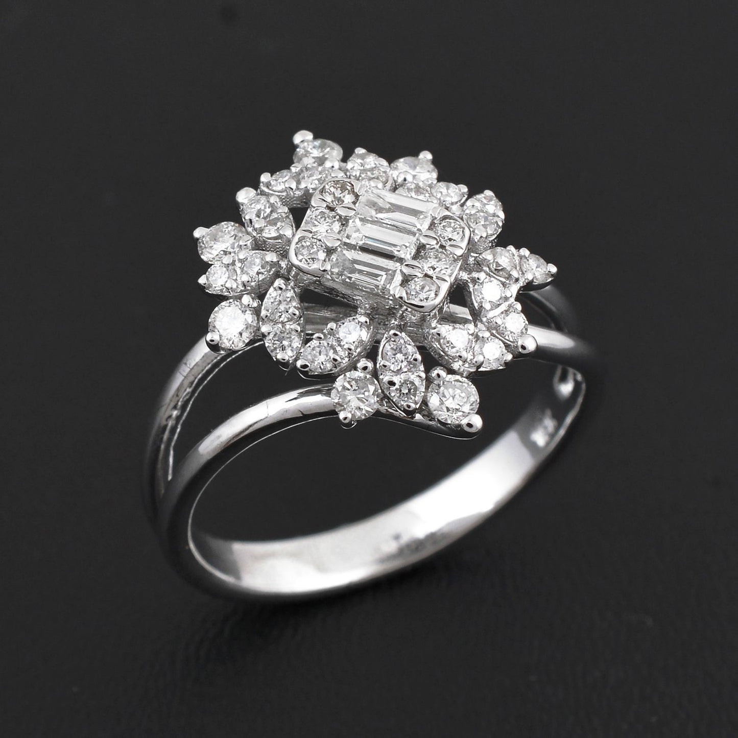 Natural 0.70 Ct Baguette Diamond Flower Ring Solid 18k White Gold Fine Jewelry