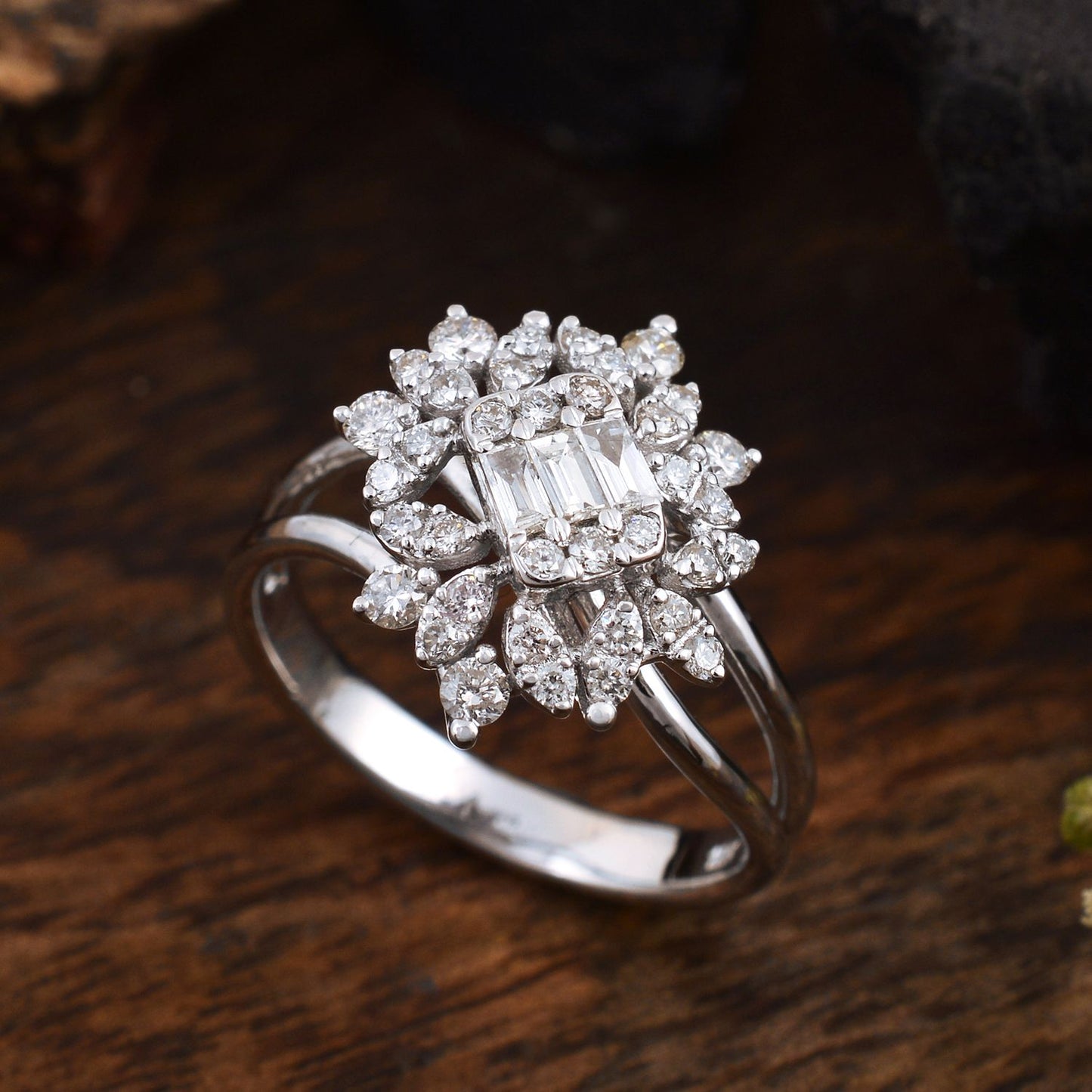 Natural 0.70 Ct Baguette Diamond Flower Ring Solid 18k White Gold Fine Jewelry