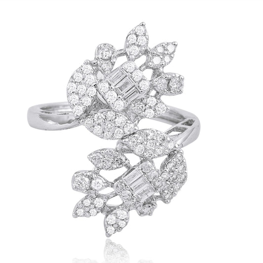 Natural 1.00 Ct Baguette Diamond Flower Ring Solid 18k White Gold Fine Jewelry