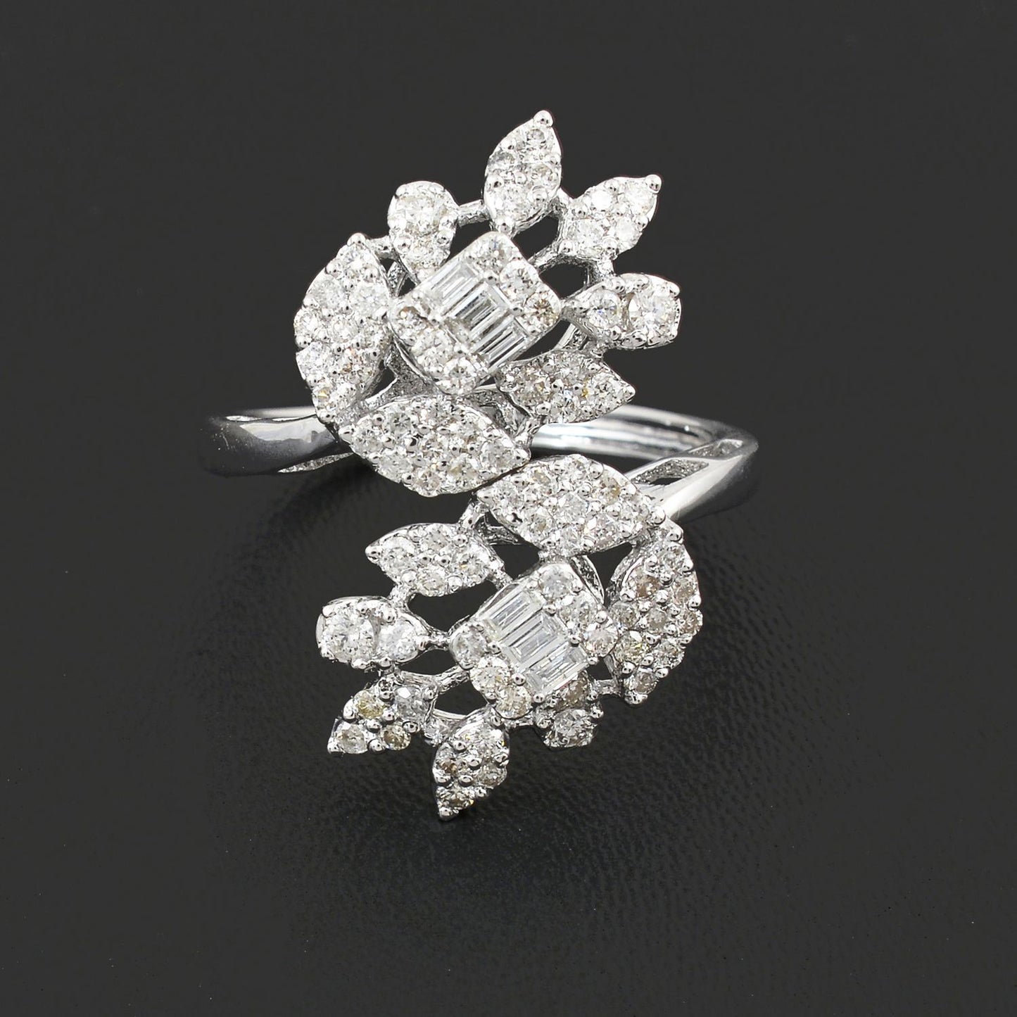 Natural 1.00 Ct Baguette Diamond Flower Ring Solid 18k White Gold Fine Jewelry