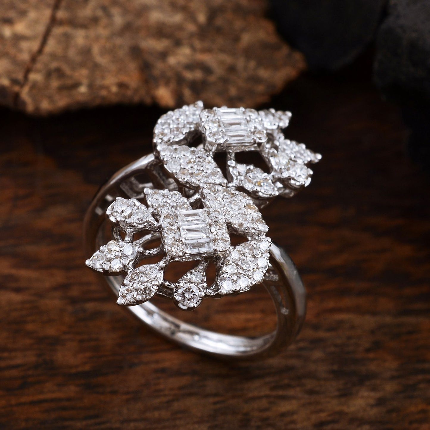 Natural 1.00 Ct Baguette Diamond Flower Ring Solid 18k White Gold Fine Jewelry