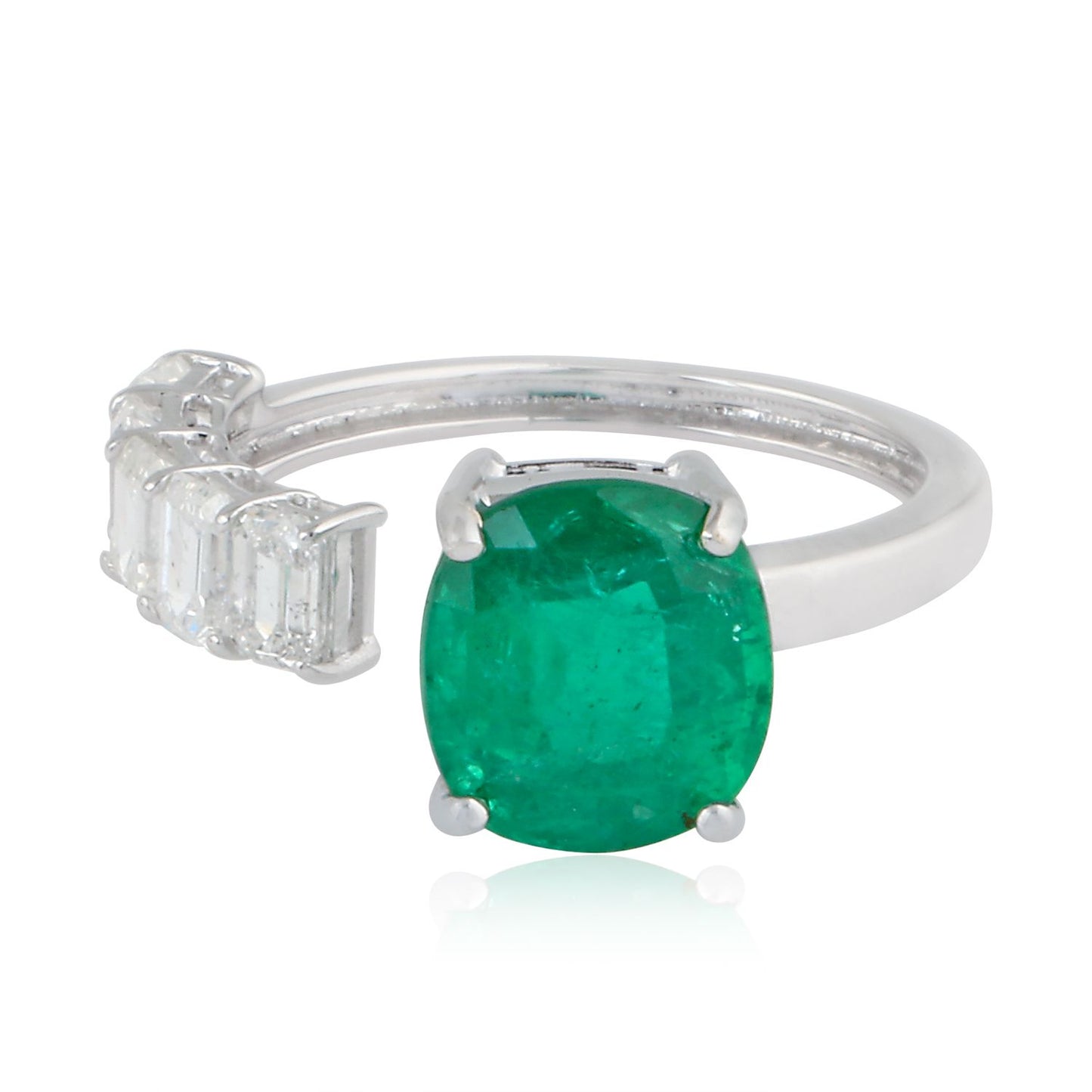 Emerald Gemstone Cuff Ring HI/SI Baguette Diamond 18K White Gold Jewelry