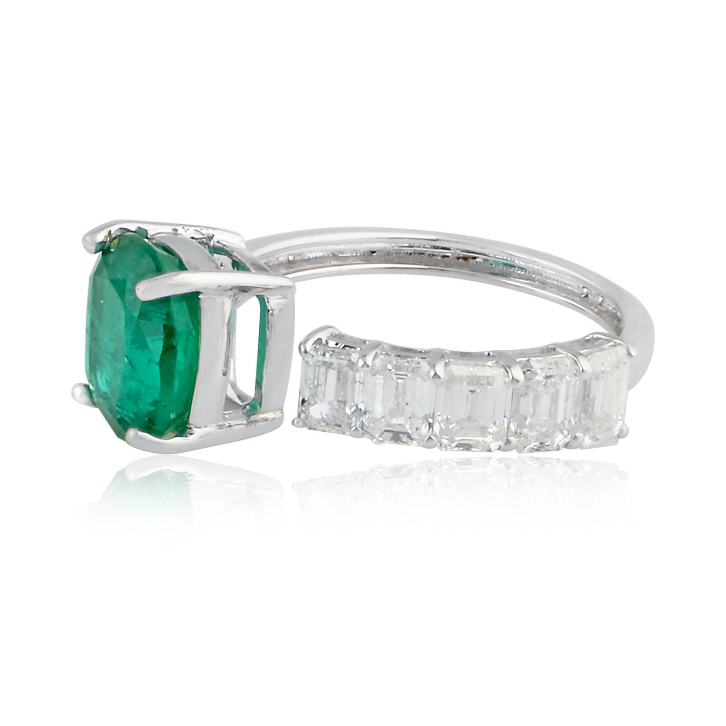 Emerald Gemstone Cuff Ring HI/SI Baguette Diamond 18K White Gold Jewelry