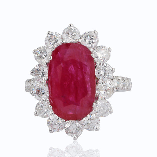 Oval Ruby Gemstone Ring HI/SI Diamond Solid 18K White Gold Fine Jewelry