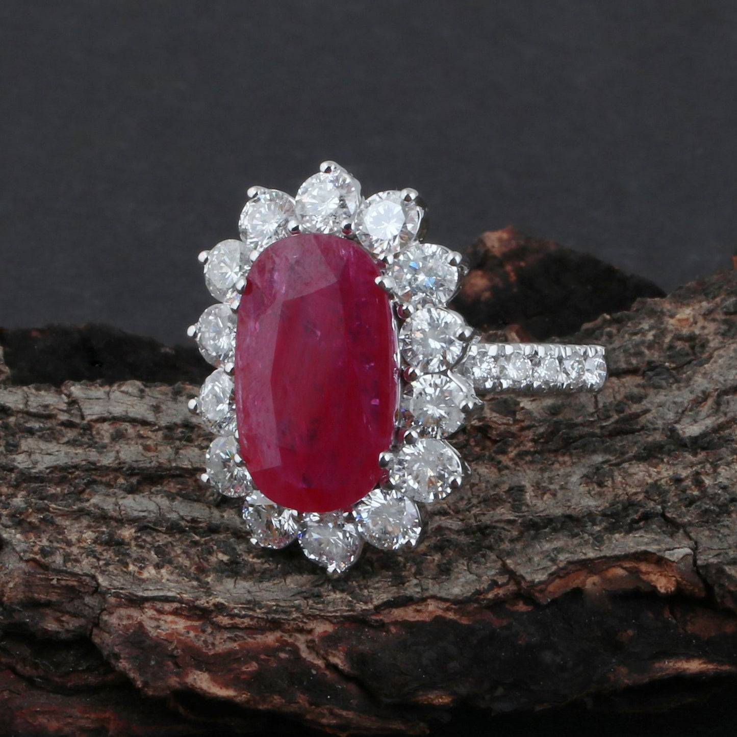 Oval Ruby Gemstone Ring HI/SI Diamond Solid 18K White Gold Fine Jewelry