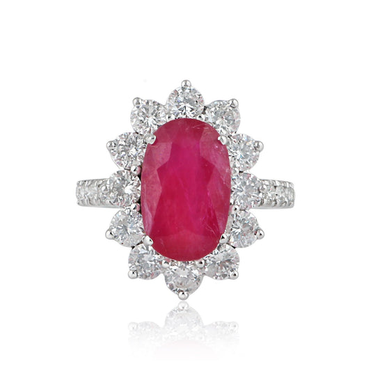 Solid 18K White Gold Oval Ruby Gemstone Ring HI/SI Diamond Fine Jewelry