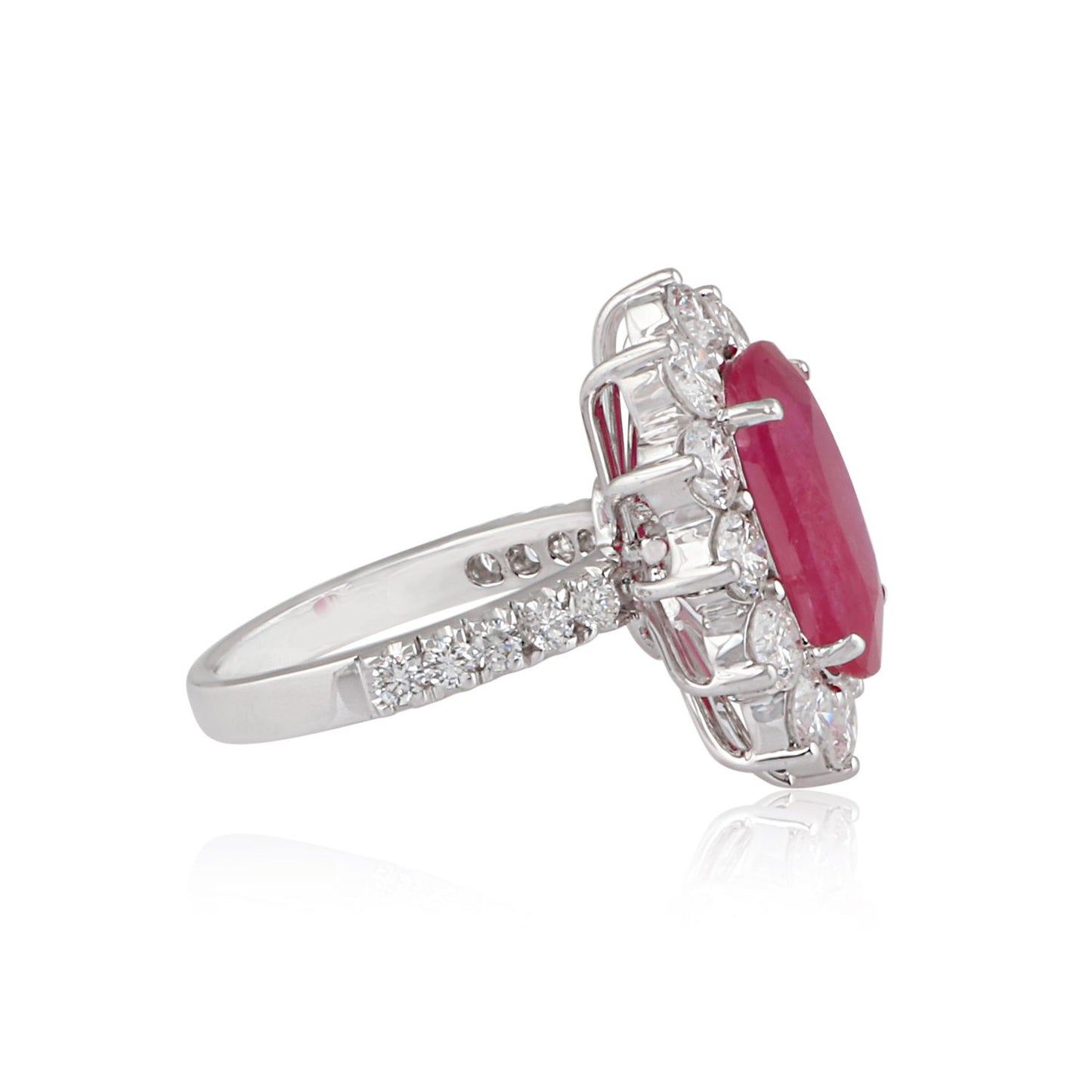 Solid 18K White Gold Oval Ruby Gemstone Ring HI/SI Diamond Fine Jewelry