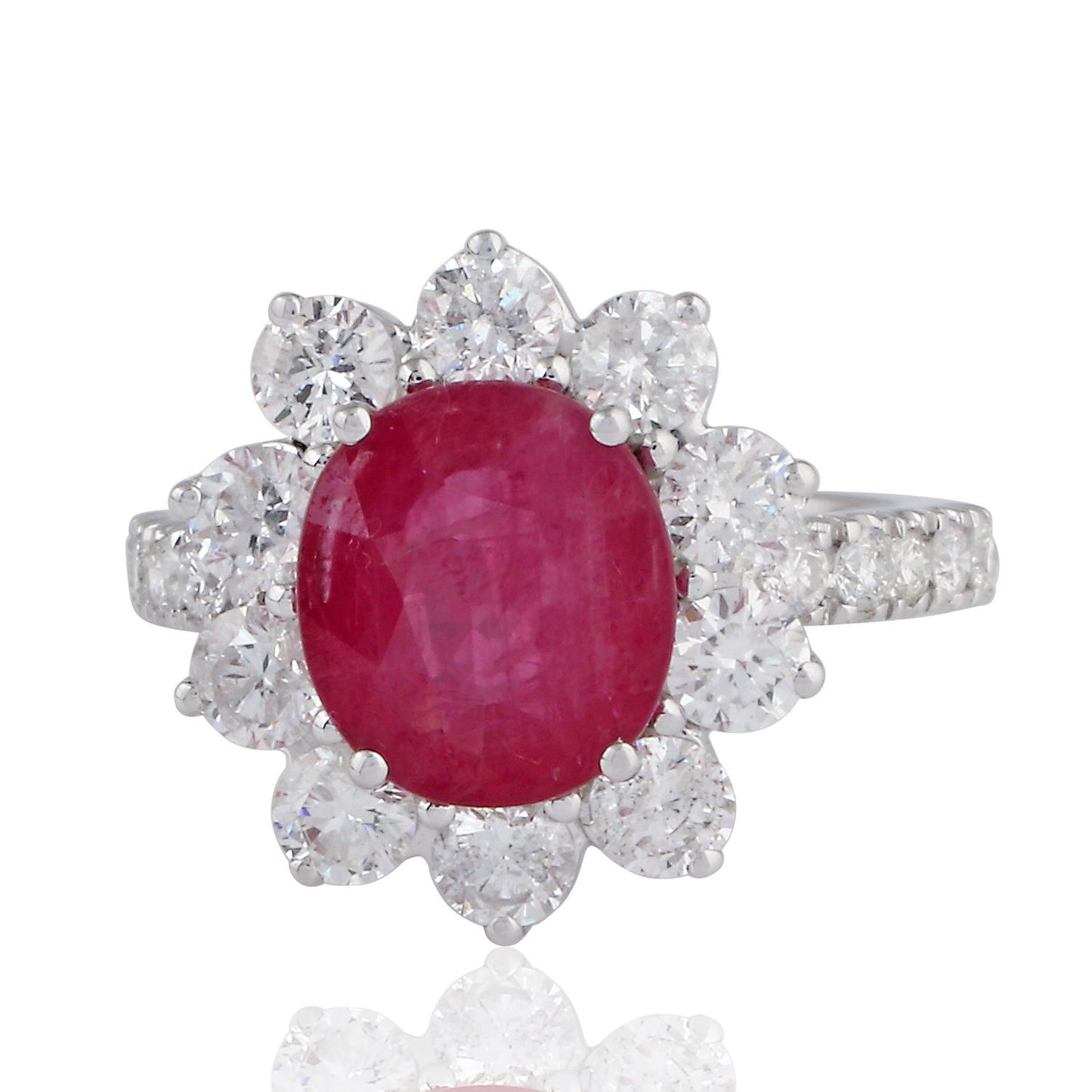 Solid 18K White Gold Ruby Gemstone Ring HI/SI Diamond Handmade Jewelry