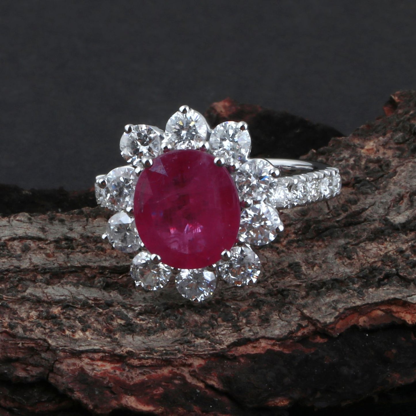 Solid 18K White Gold Ruby Gemstone Ring HI/SI Diamond Handmade Jewelry