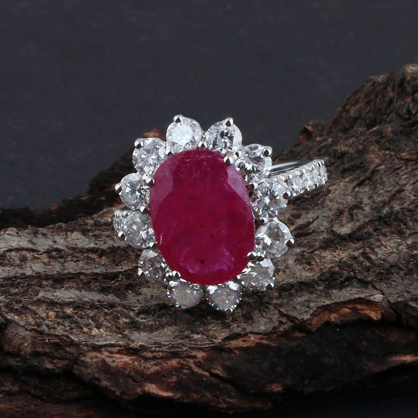 Solid 18K White Gold Ruby Gemstone Ring HI/SI Diamond Handmade Jewelry