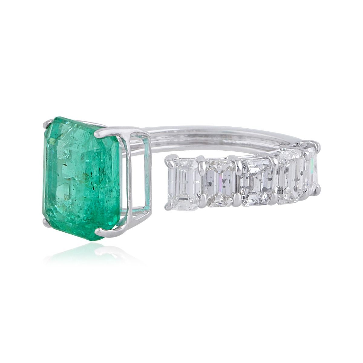 One Emerald Solid 18Kt White Gold SI Clarity HI Color Diamond Proposal Designer Ring