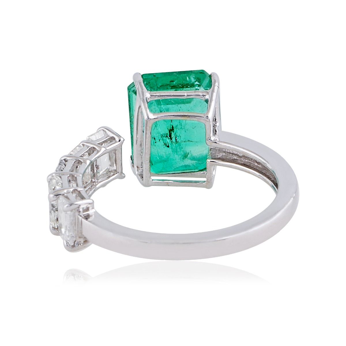 One Emerald Solid 18Kt White Gold SI Clarity HI Color Diamond Proposal Designer Ring