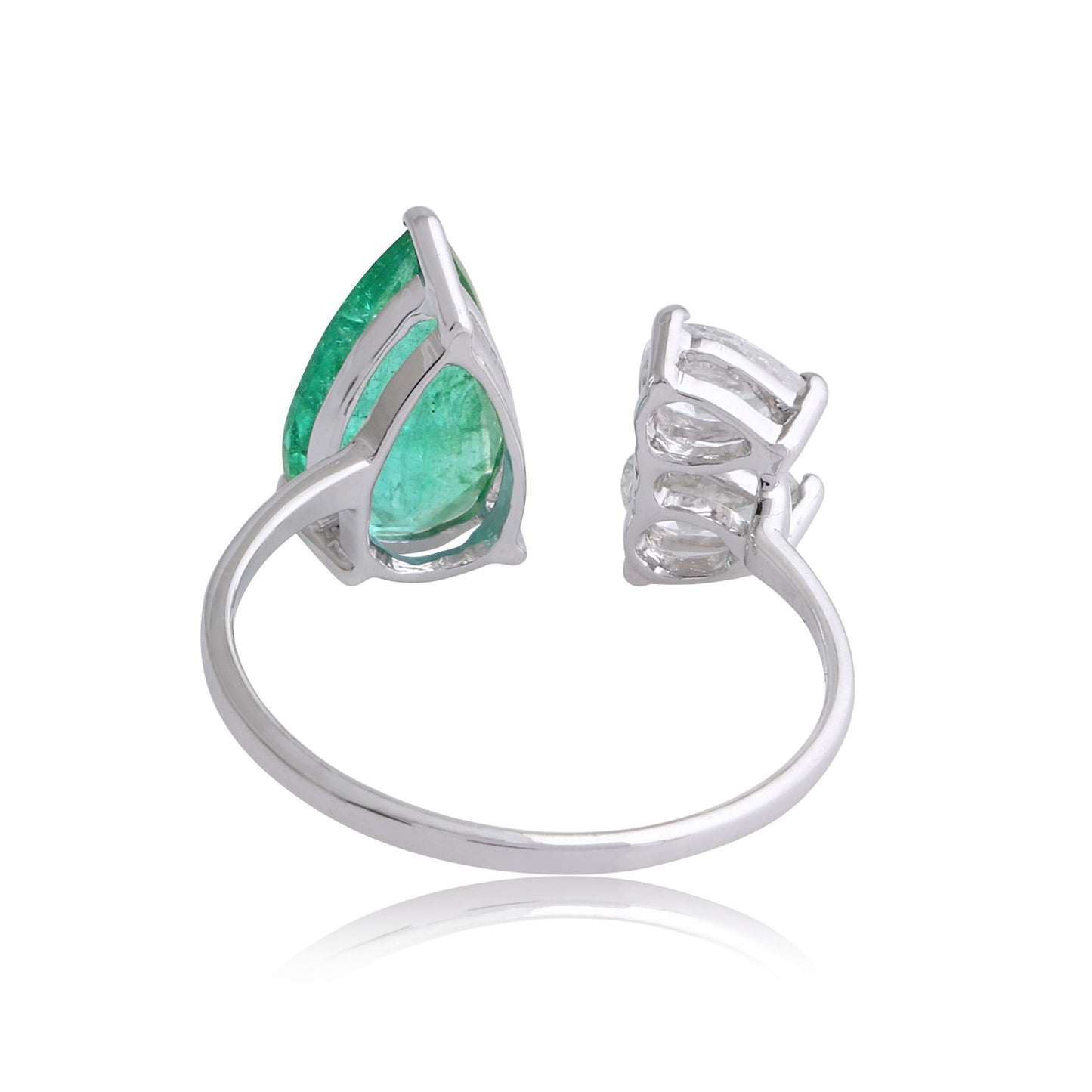 Solid 18Kt White Gold SI Clarity HI Color Pear Diamond & Emerald Gemstone Cuff Ring Website Jewelry