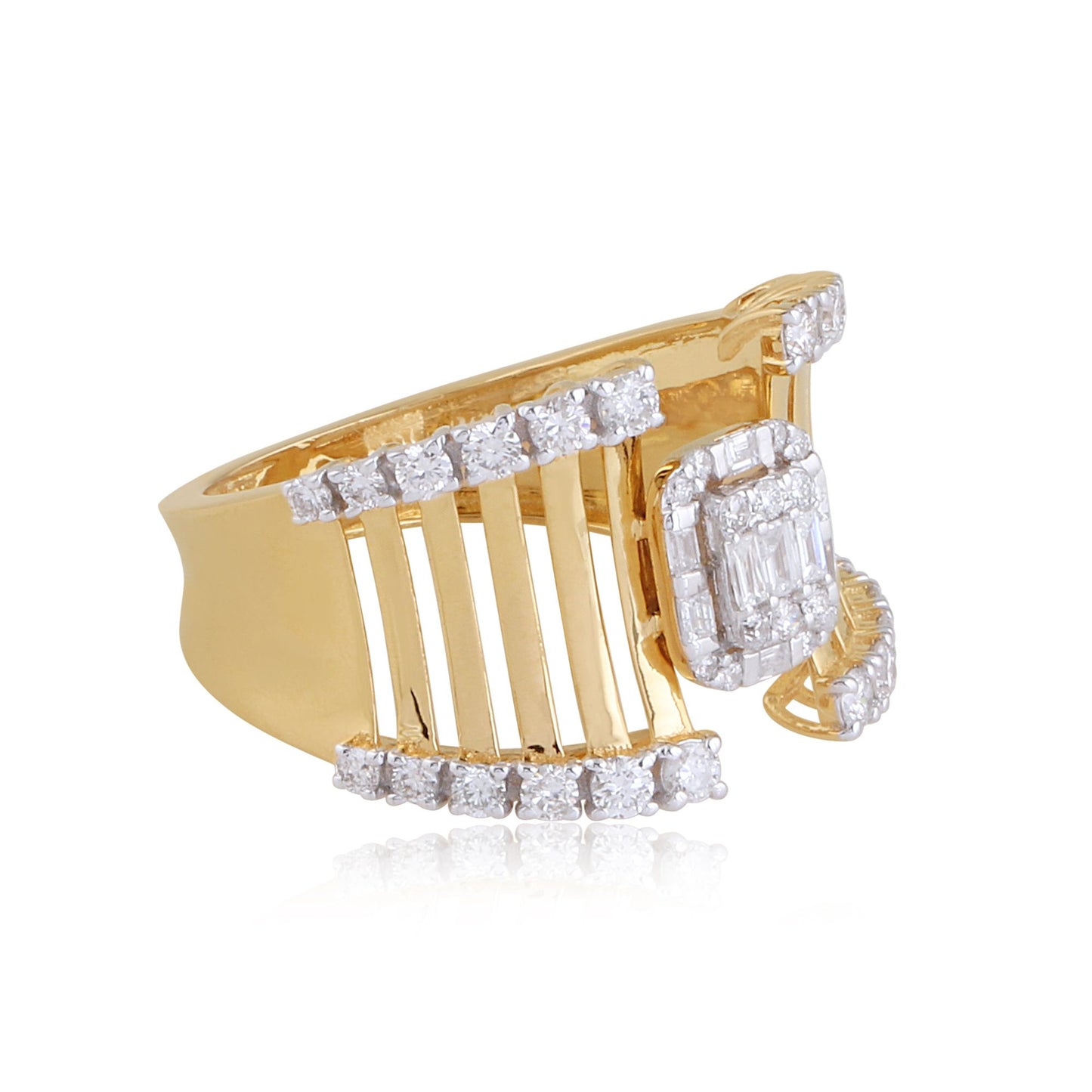 0.85 TCW Solid 18Kt Yellow Gold SI Clarity HI Color Baguette Diamond Cage Ring