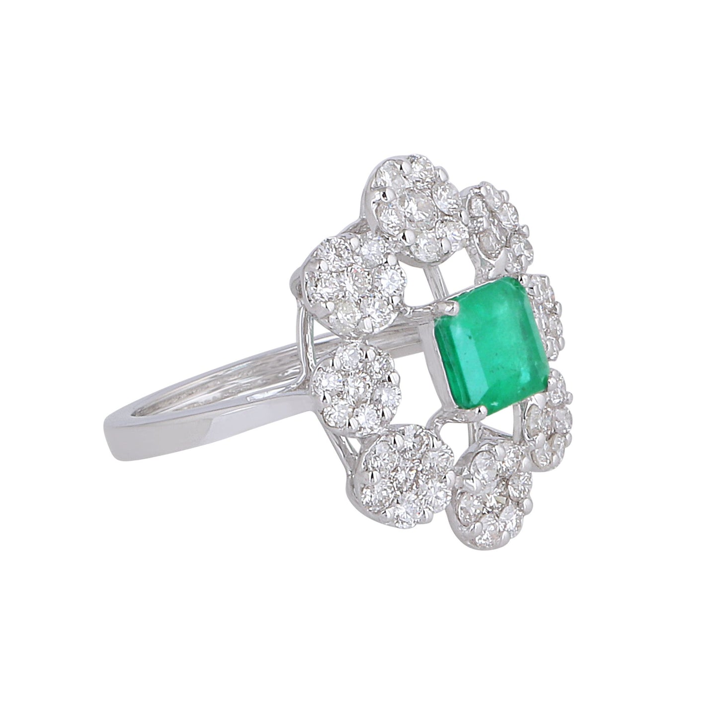 Solid 18Kt White Gold SI Clarity HI Color Diamond Square Emerald Gemstone Designer Ring Jewelry