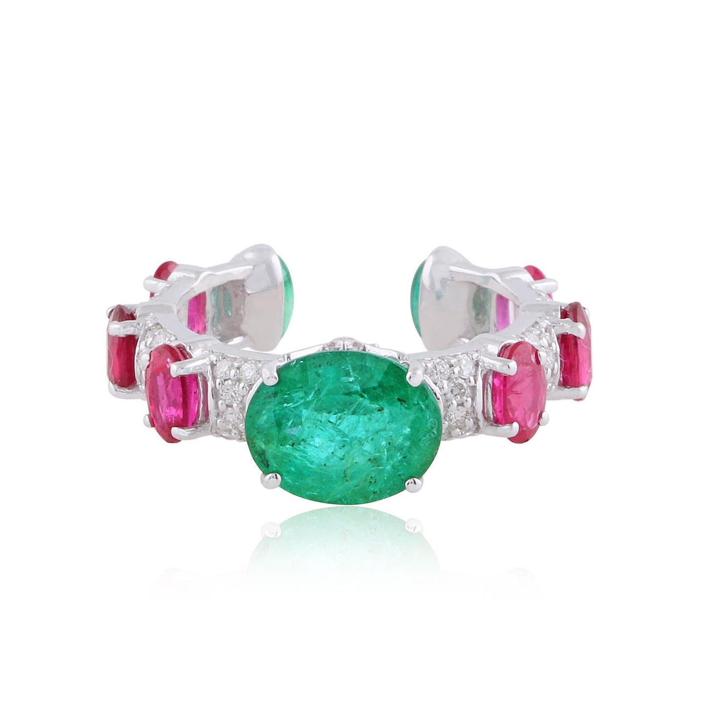 Real Emerald & Ruby Solid 18 Kt White Gold SI Clarity HI Color Diamond Promise Cuff Ring