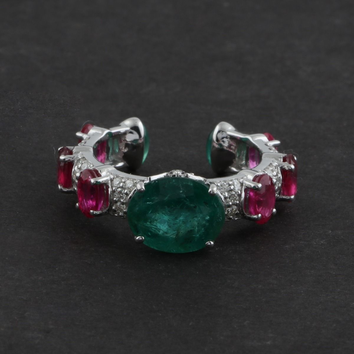 Real Emerald & Ruby Solid 18 Kt White Gold SI Clarity HI Color Diamond Promise Cuff Ring