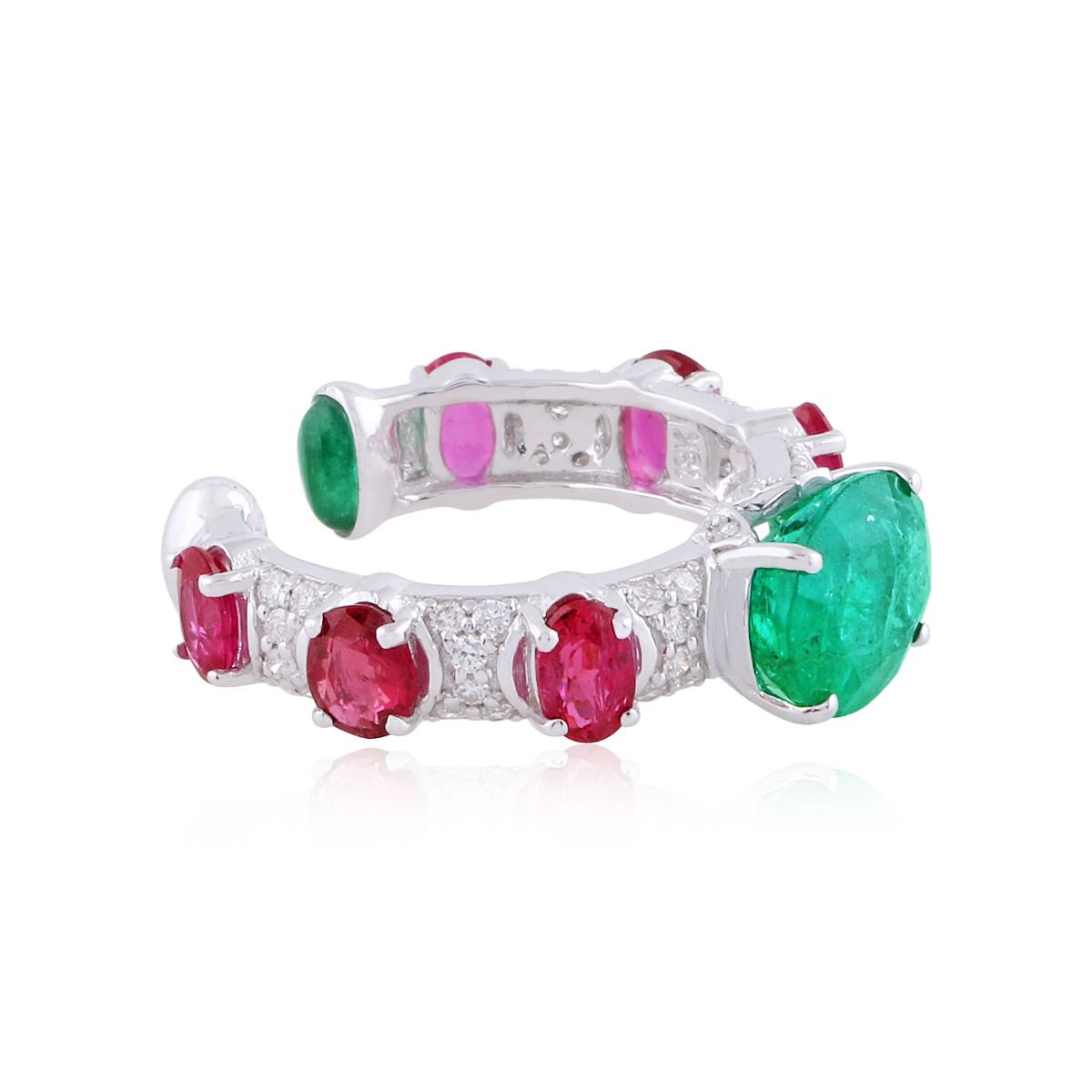 Real Emerald & Ruby Solid 18 Kt White Gold SI Clarity HI Color Diamond Promise Cuff Ring