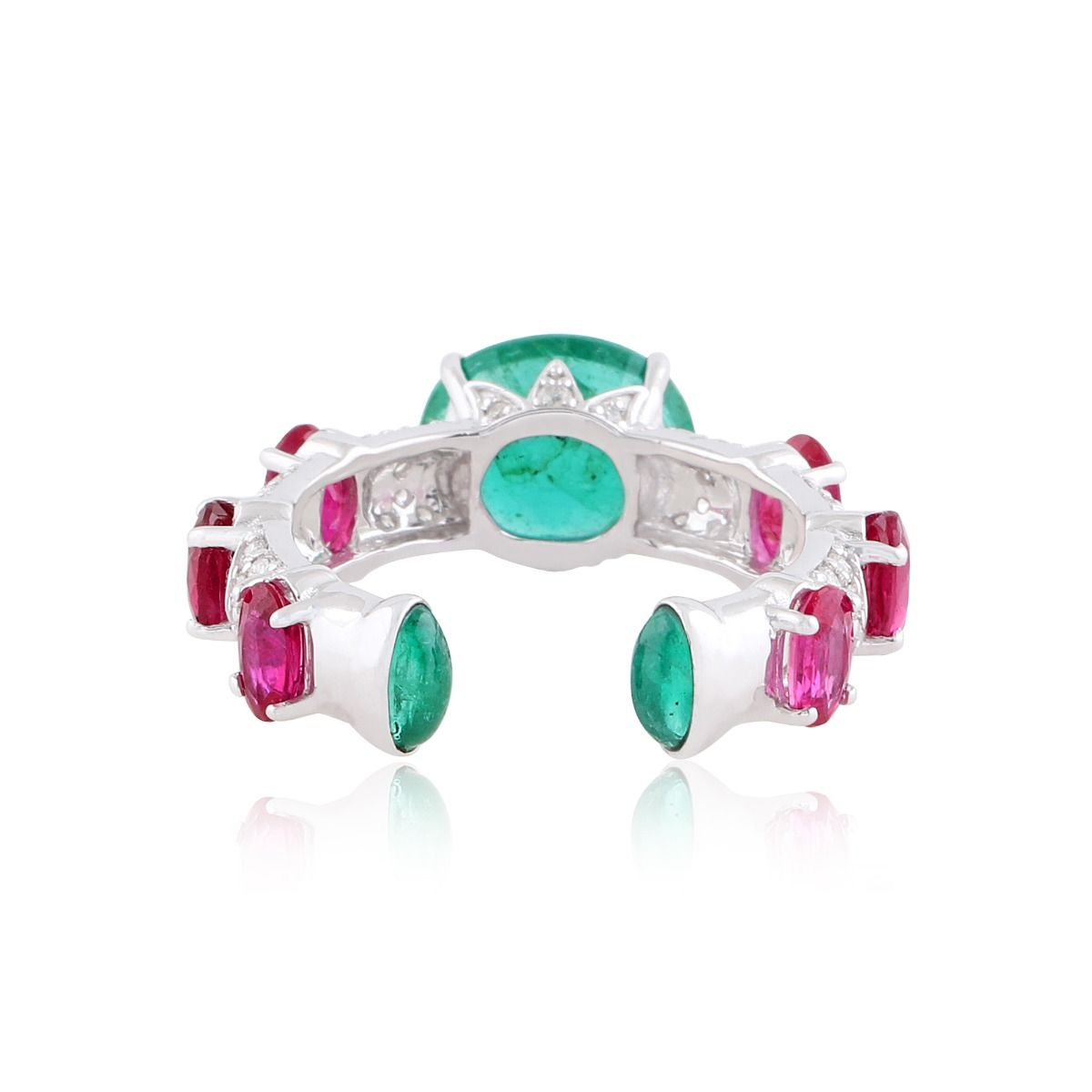 Real Emerald & Ruby Solid 18 Kt White Gold SI Clarity HI Color Diamond Promise Cuff Ring