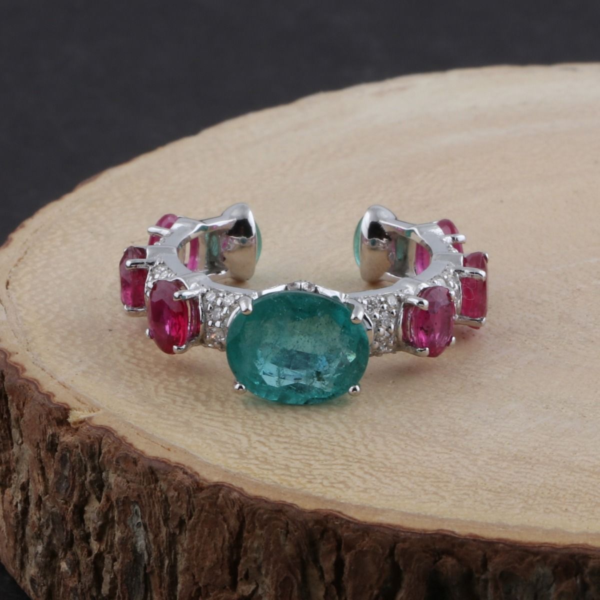 Real Emerald & Ruby Solid 18 Kt White Gold SI Clarity HI Color Diamond Promise Cuff Ring