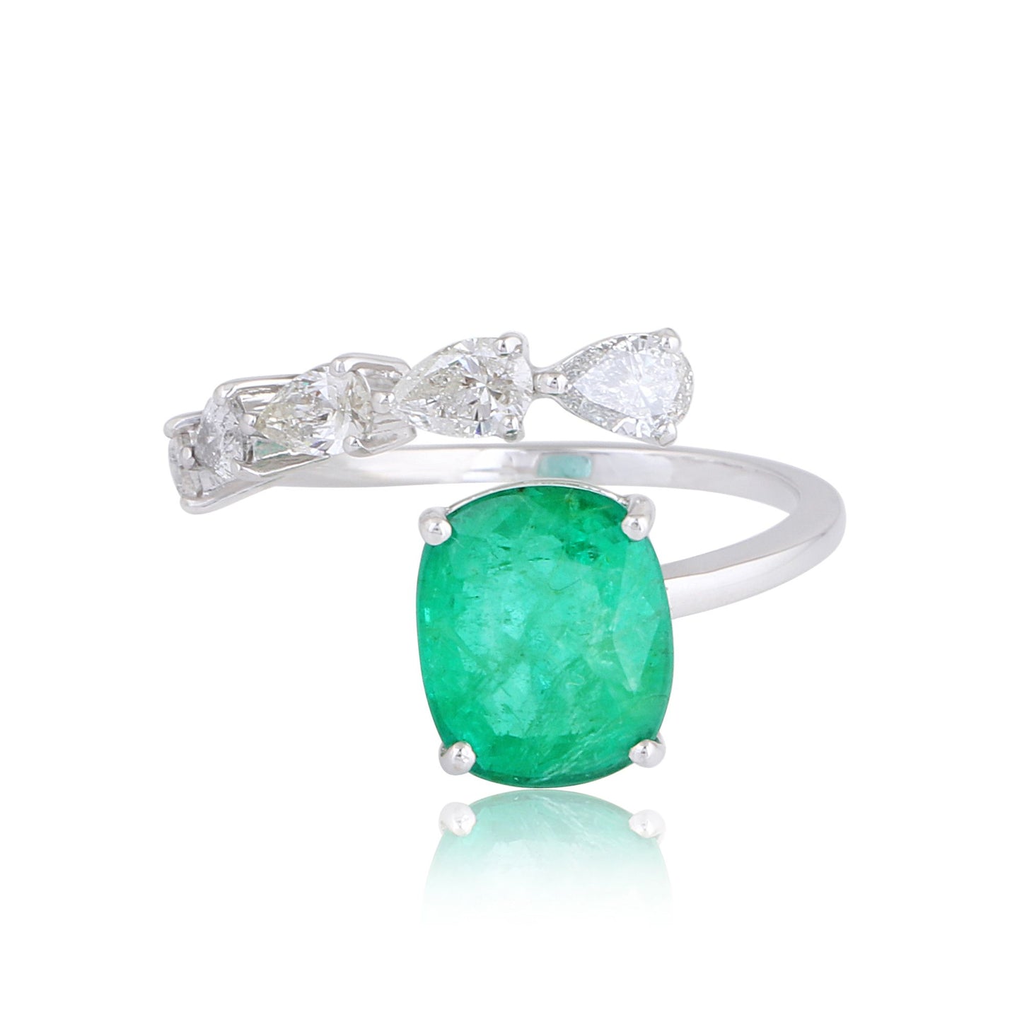 Solid 18Kt White Gold SI Clarity HI Color Pear Diamond Emerald Gemstone Bypass Ring Gold Shop Indian Jewelry