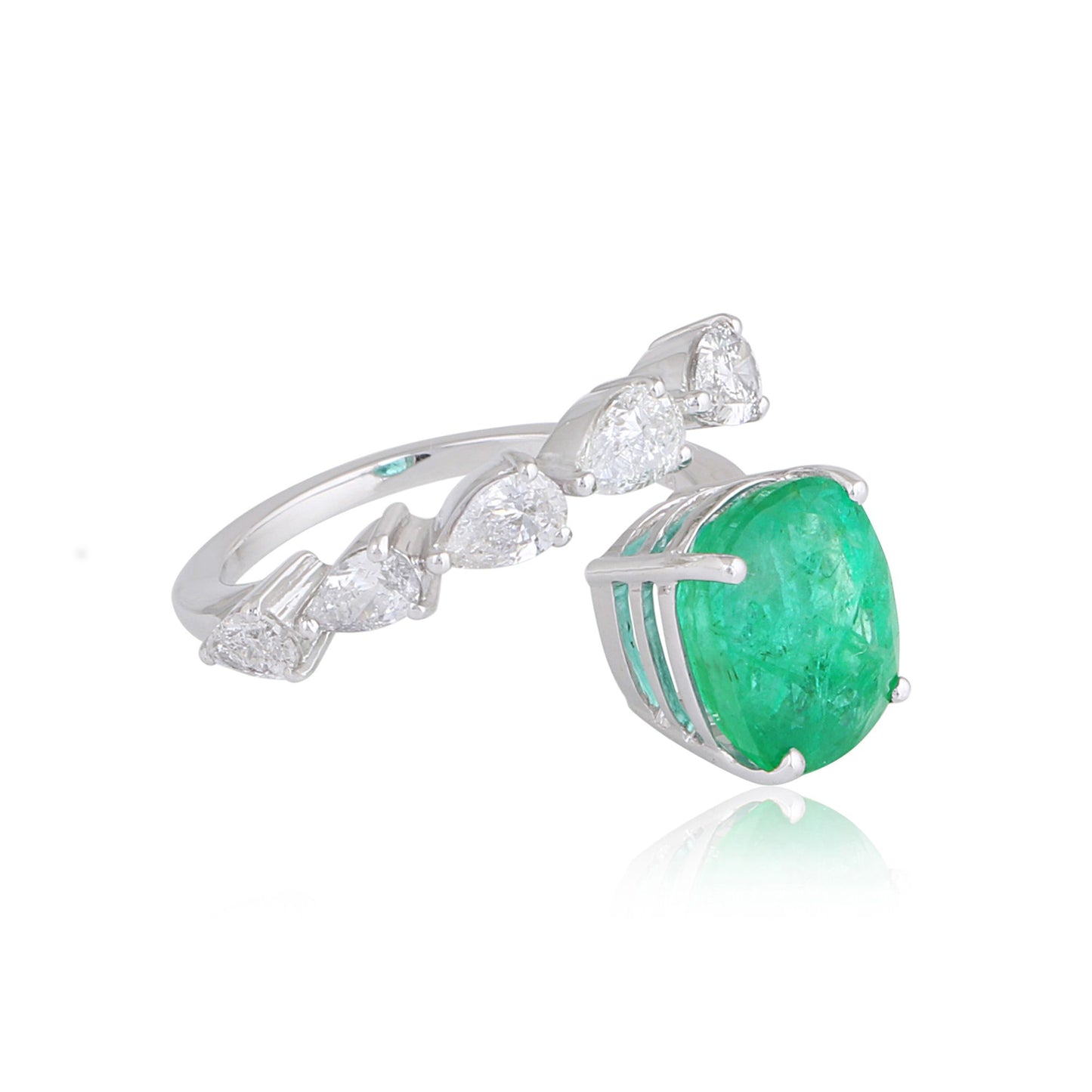 Solid 18Kt White Gold SI Clarity HI Color Pear Diamond Emerald Gemstone Bypass Ring Gold Shop Indian Jewelry