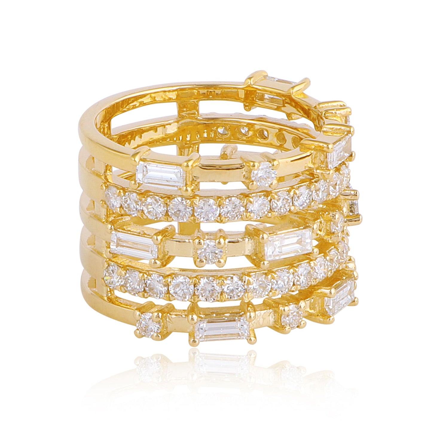 2.4 TCW Solid 18Kt Yellow Gold SI Clarity HI Color Baguette Diamond Multi Band Ring Indian Fine Jewelry