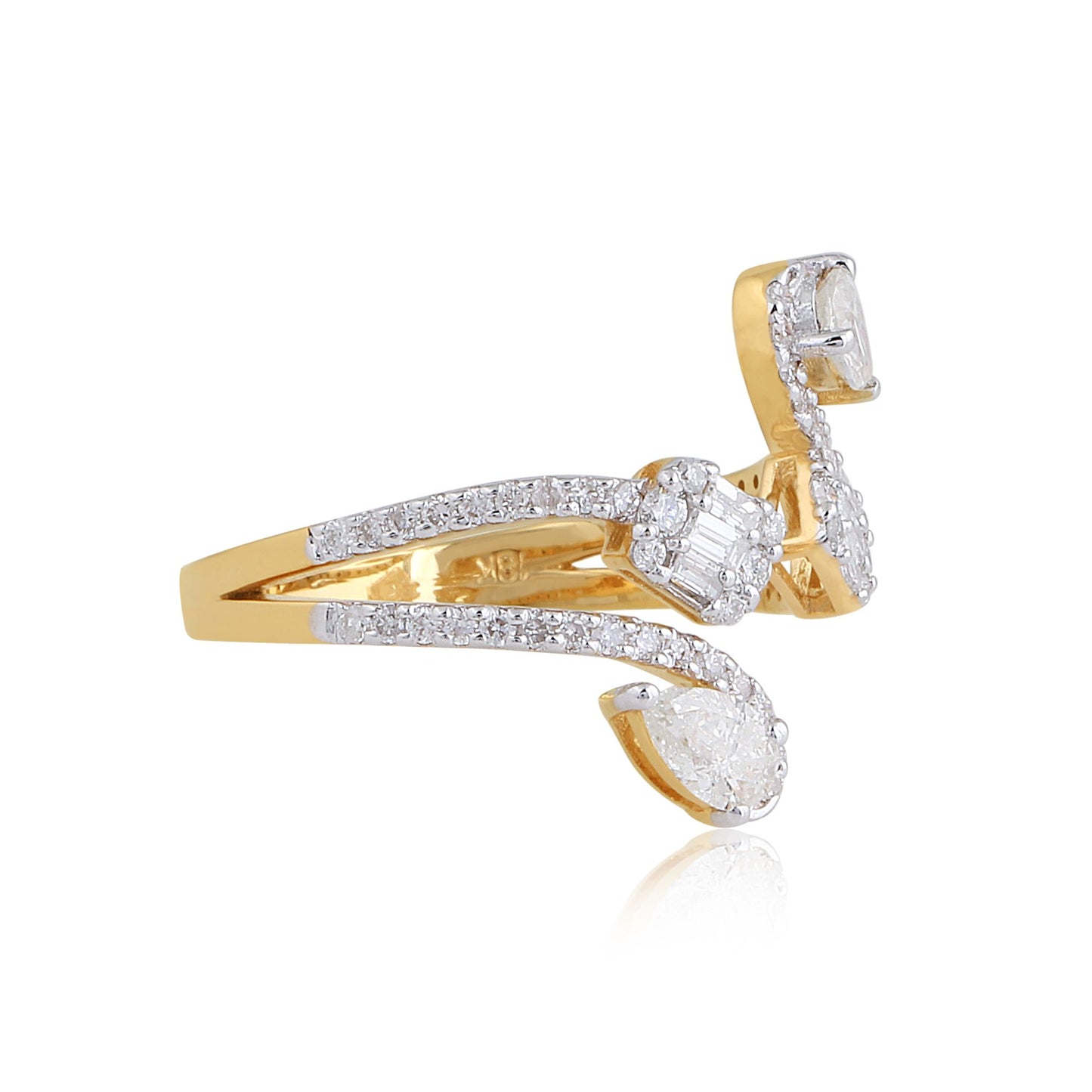 0.95 TCW Solid 18Kt Yellow Gold SI Clarity HI Color Pear Diamond Cuff Ring