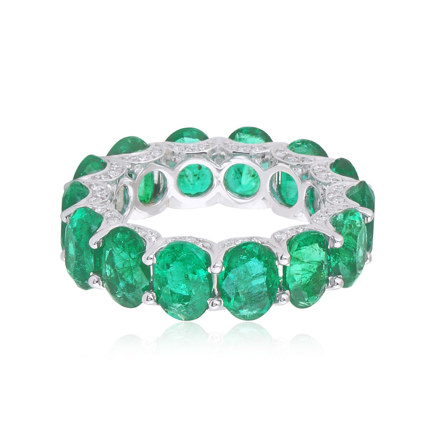 Solid 18Kt White Gold SI Clarity HI Color Diamond Emerald Eternity Ring