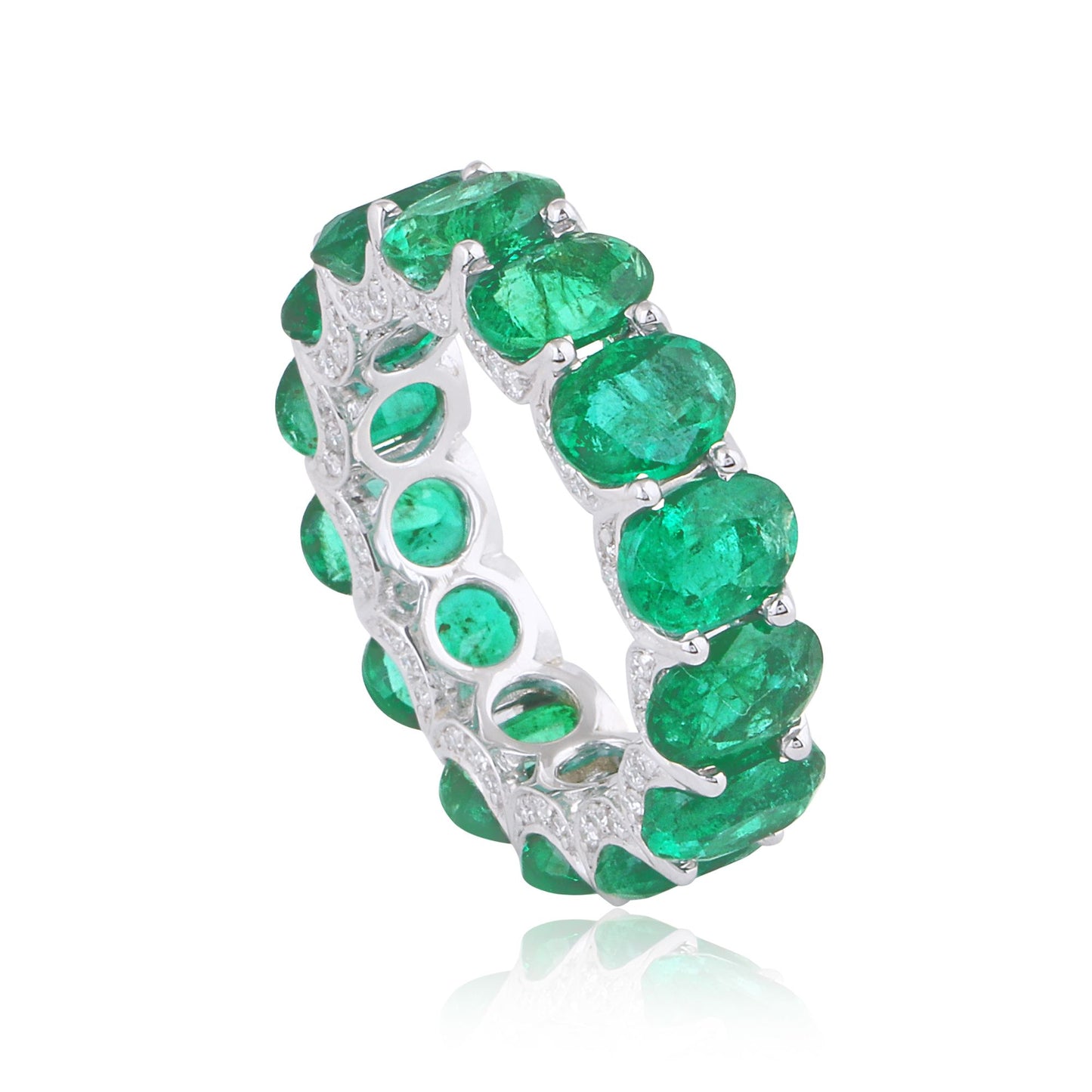 Solid 18Kt White Gold SI Clarity HI Color Diamond Emerald Eternity Ring