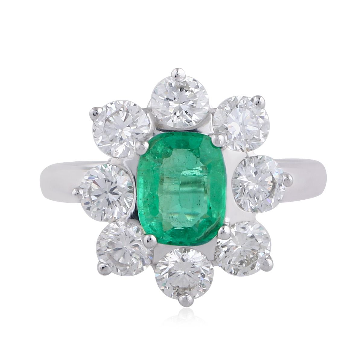 Emerald Stone Solid 18Kt White Gold SI Clarity HI Color Diamond Proposal Flower Ring