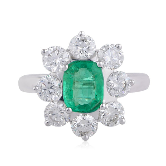 Emerald Stone Solid 18Kt White Gold SI Clarity HI Color Diamond Proposal Flower Ring