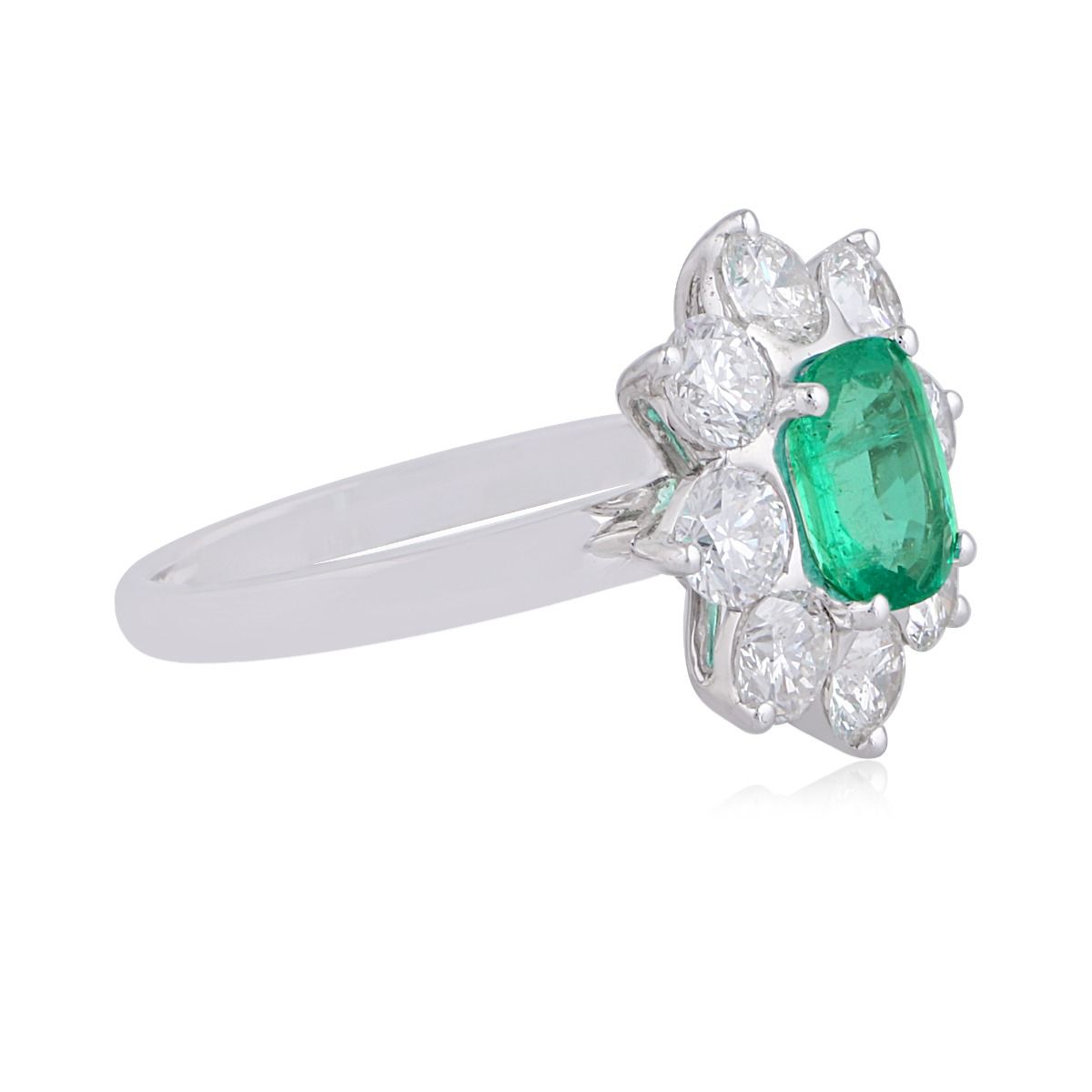 Emerald Stone Solid 18Kt White Gold SI Clarity HI Color Diamond Proposal Flower Ring
