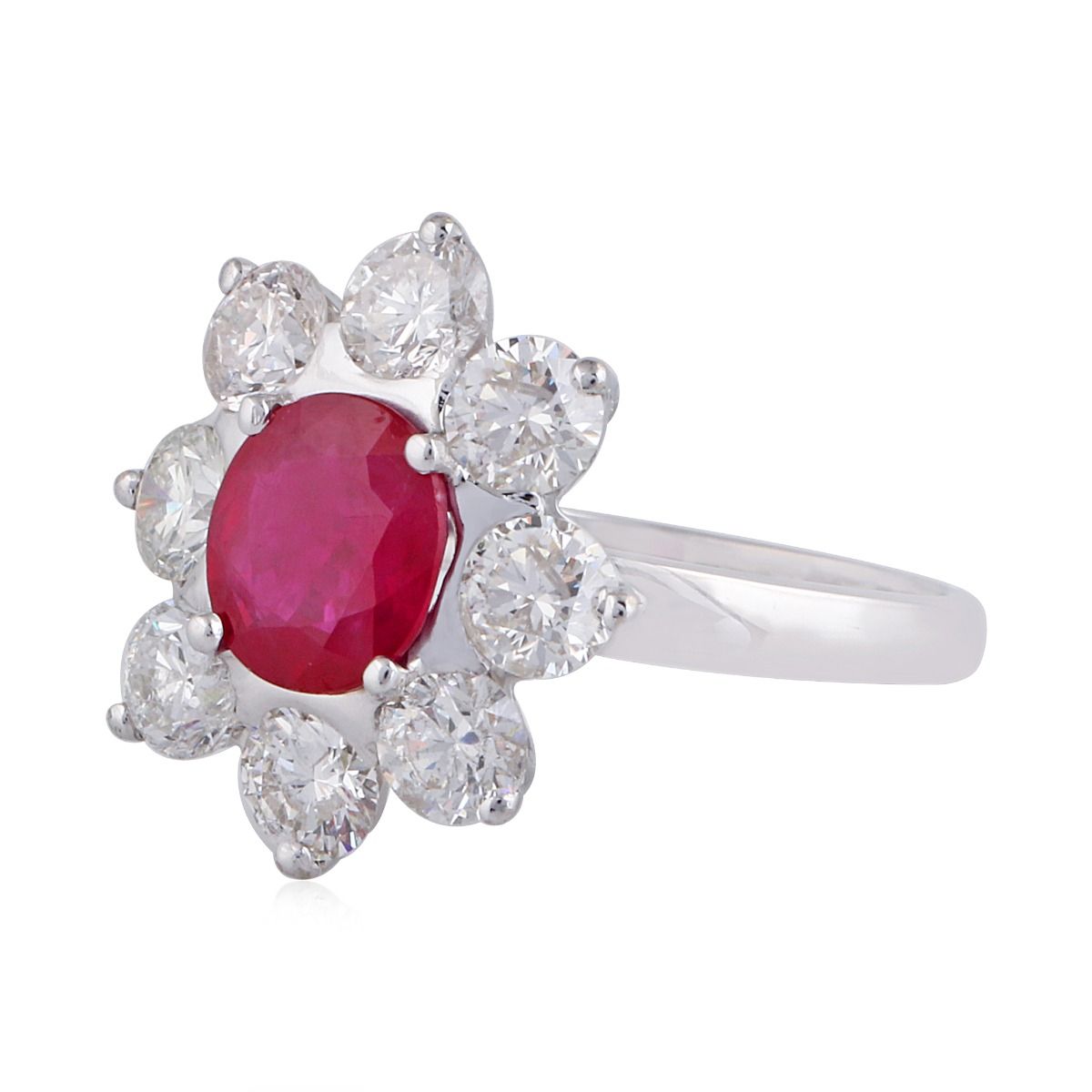 Ruby Gemstone Solid 18Kt White Gold SI Clarity HI Color Diamond Flower Promise Ring