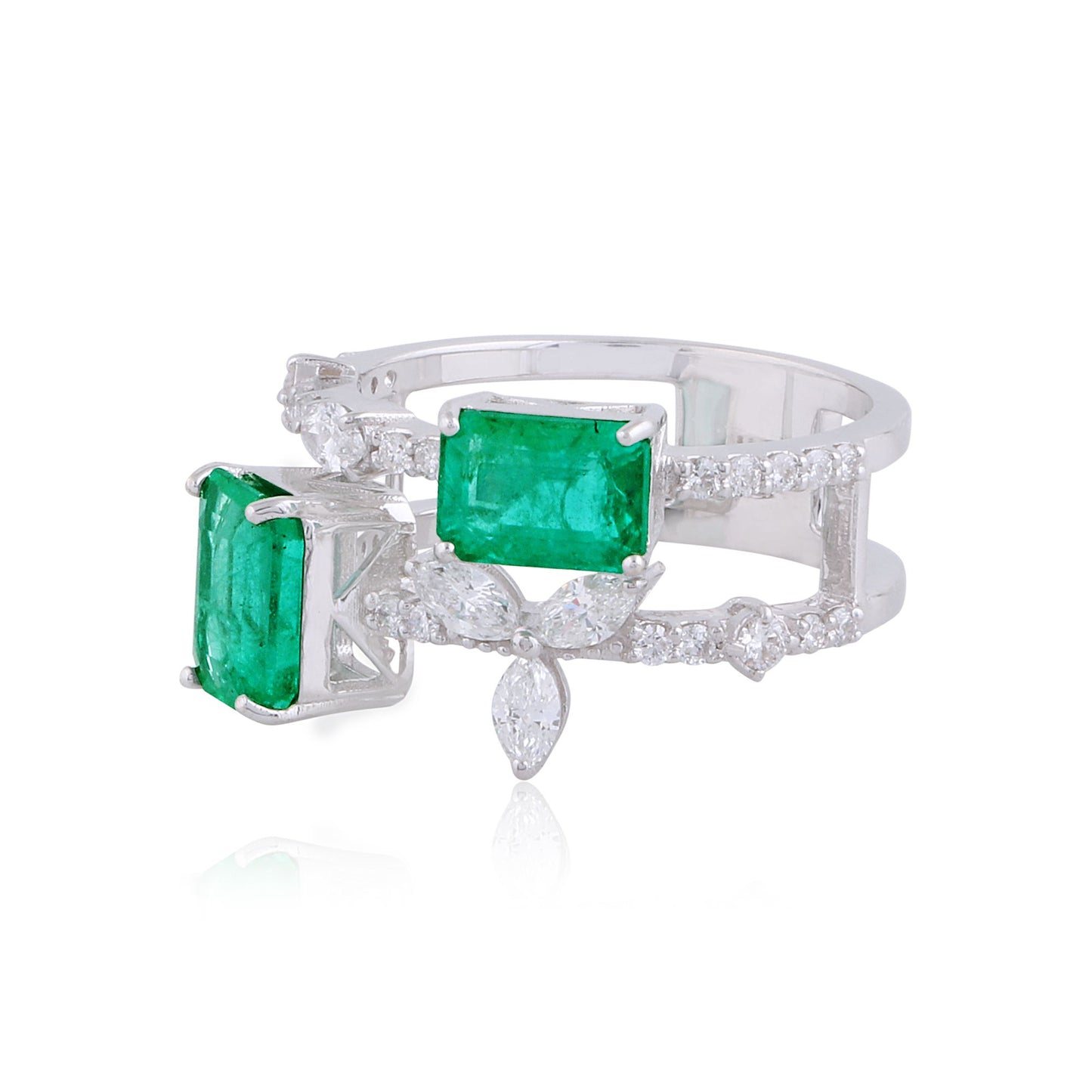 Natural Emerald Solid 18 Kt White Gold SI Clarity HI Color Diamond Proposal Band Ring