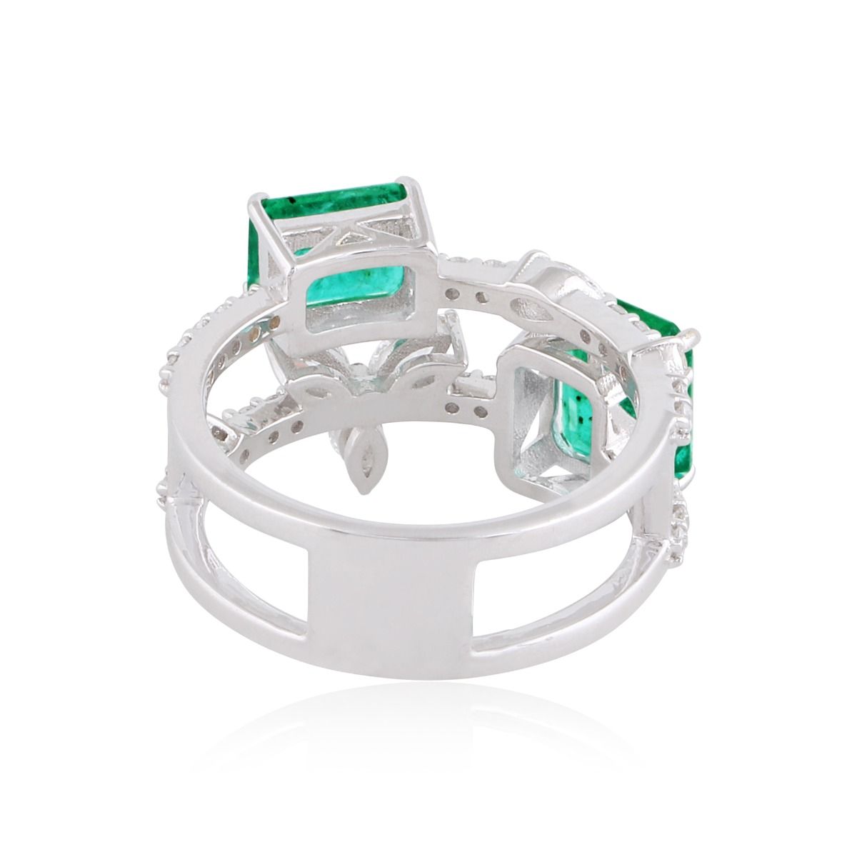 Natural Emerald Solid 18 Kt White Gold SI Clarity HI Color Diamond Proposal Band Ring