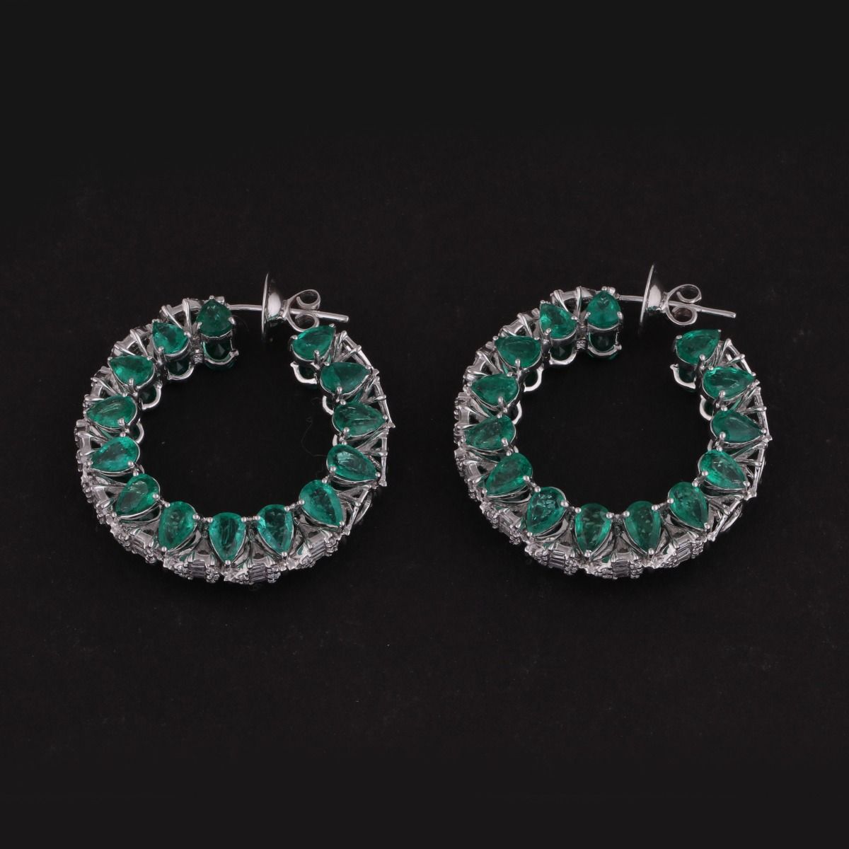 Pear Shaped Emerald & Round Diamond Solid 18 Kt White Gold Handmade Designer Hoop Earrings