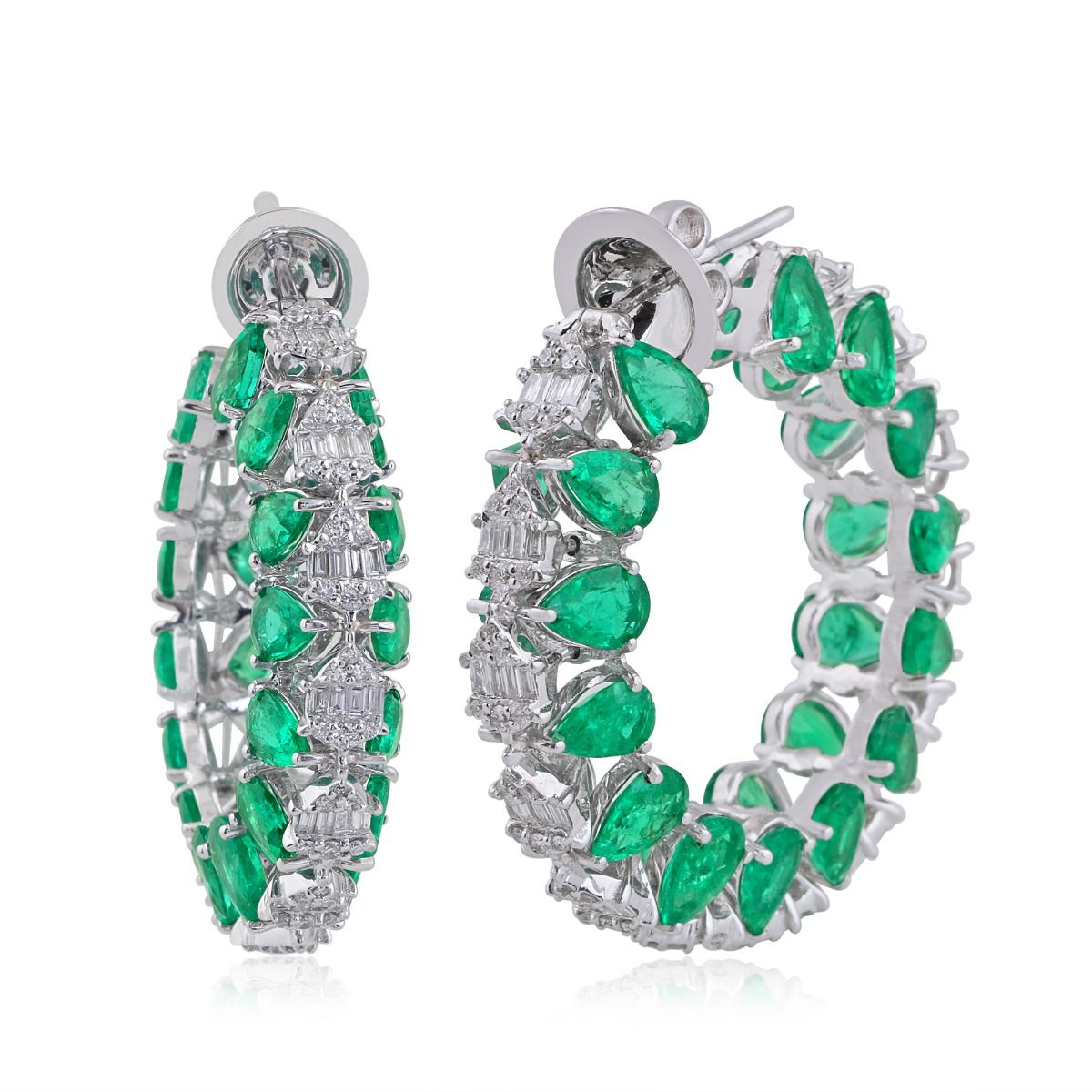 Pear Shaped Emerald & Round Diamond Solid 18 Kt White Gold Handmade Designer Hoop Earrings