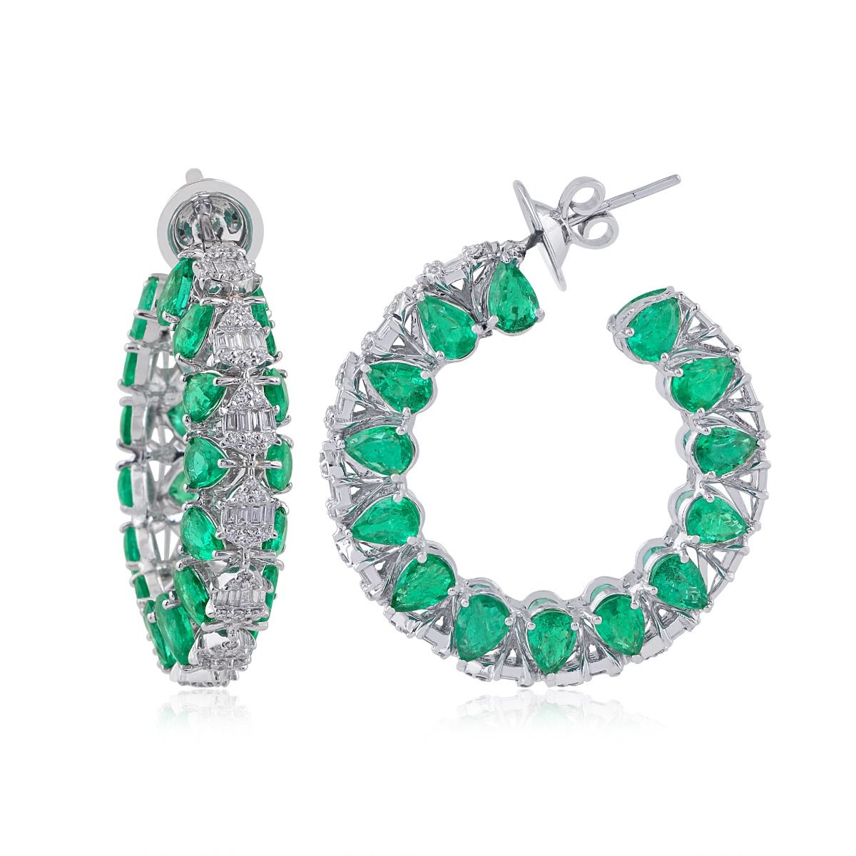 Pear Shaped Emerald & Round Diamond Solid 18 Kt White Gold Handmade Designer Hoop Earrings