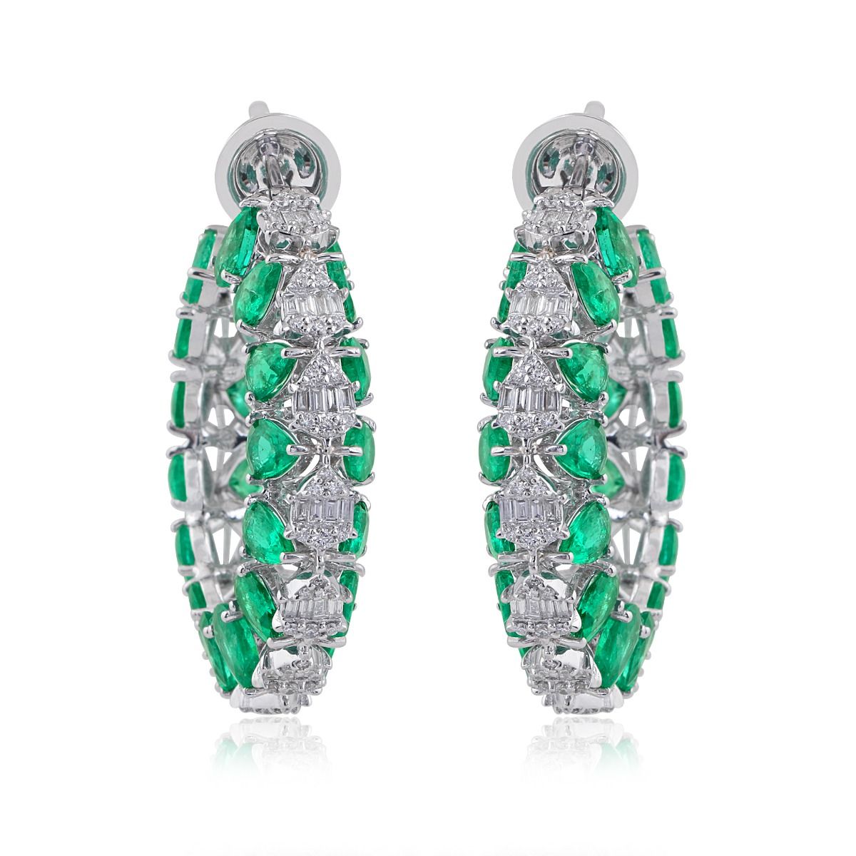 Pear Shaped Emerald & Round Diamond Solid 18 Kt White Gold Handmade Designer Hoop Earrings